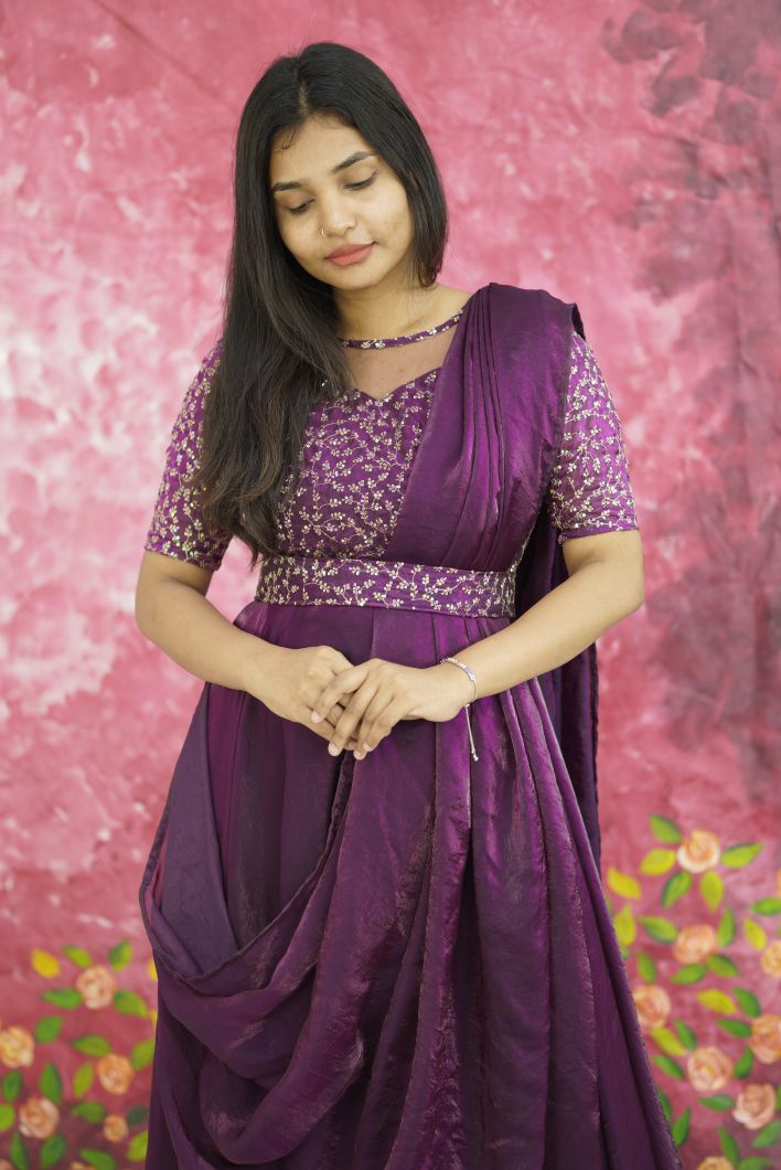 Royal Wine Sequined Draped Anarkali gown