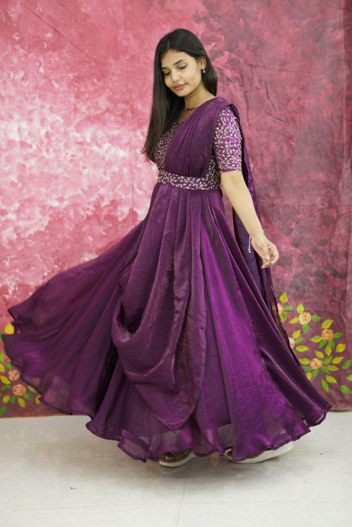 Royal Wine Sequined Draped Anarkali gown
