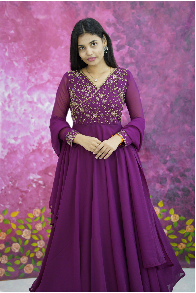 V Neck heavy heavy top hand embroidery anarkali