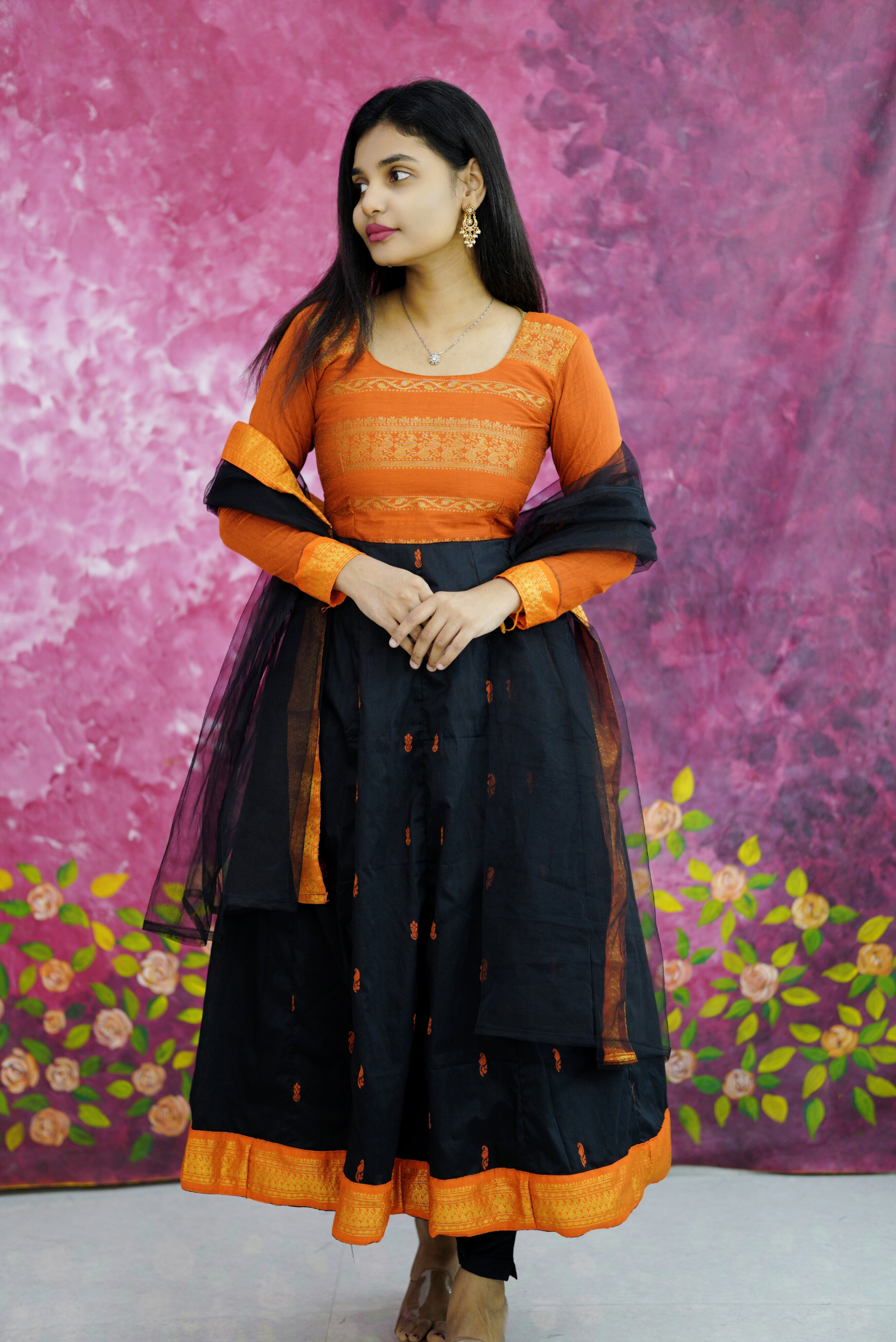 Black with orange kalyani cotton anarkali
