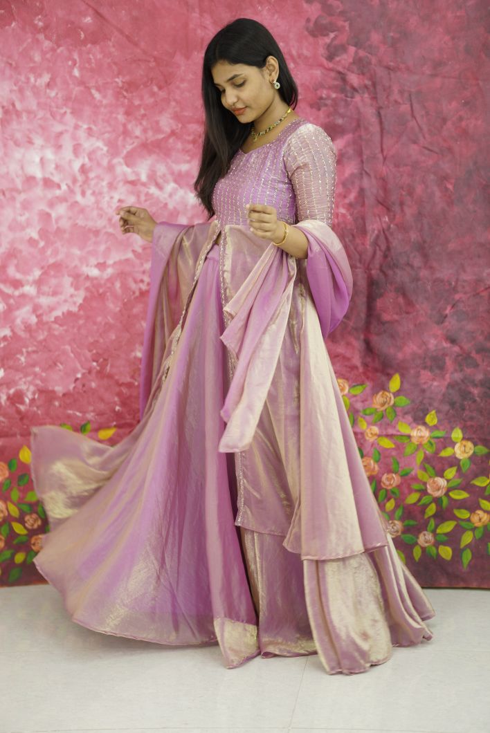 Royal Lilac Layered Gown with Dupatta
