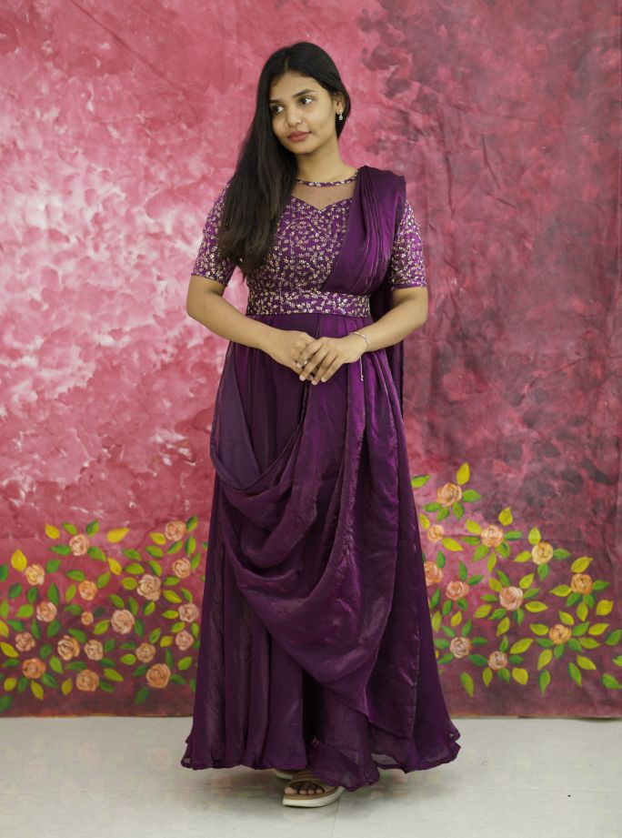Royal Wine Sequined Draped Anarkali gown