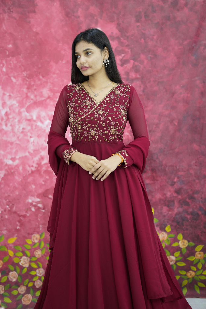 V Neck heavy heavy top hand embroidery anarkali