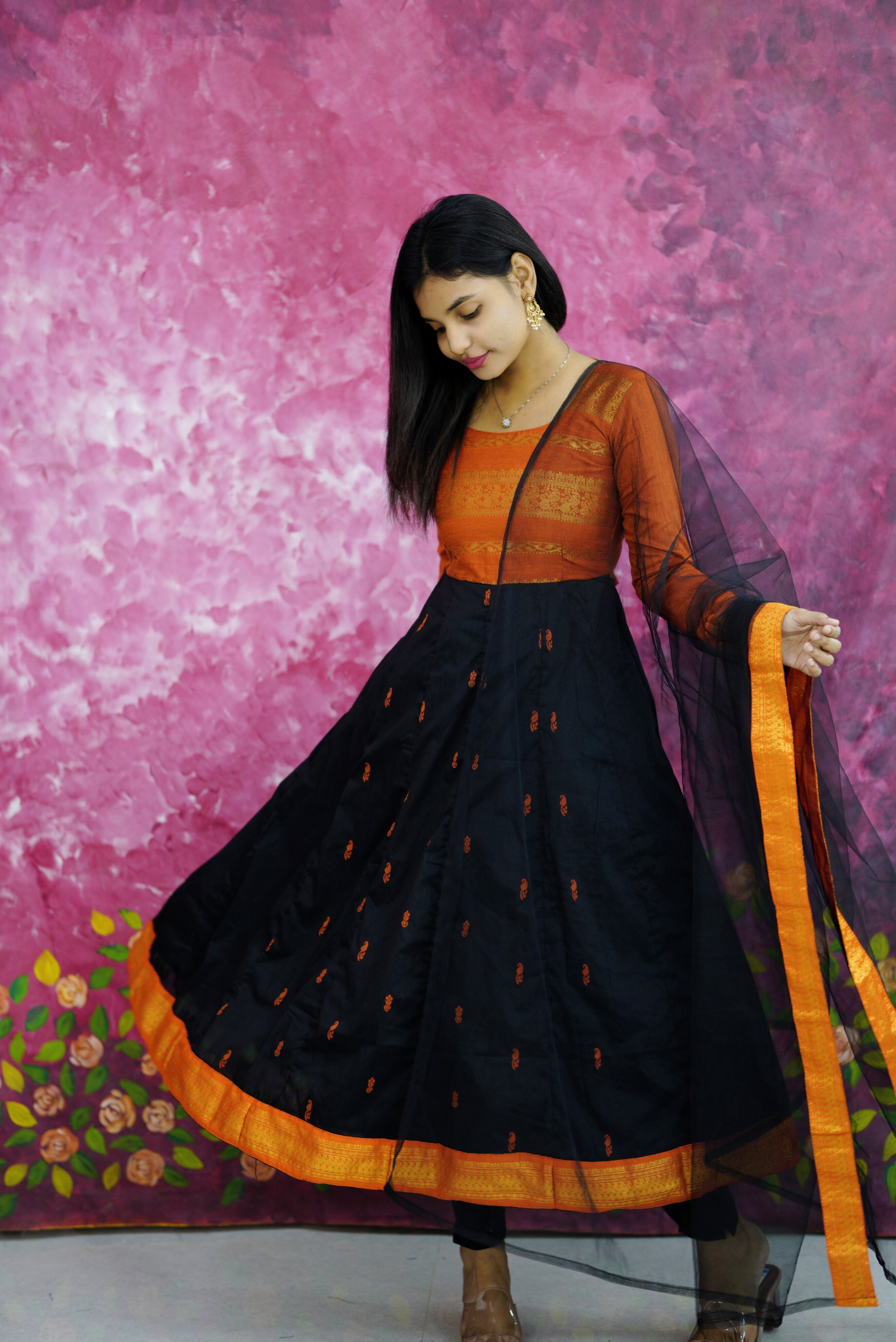 Black with orange kalyani cotton anarkali